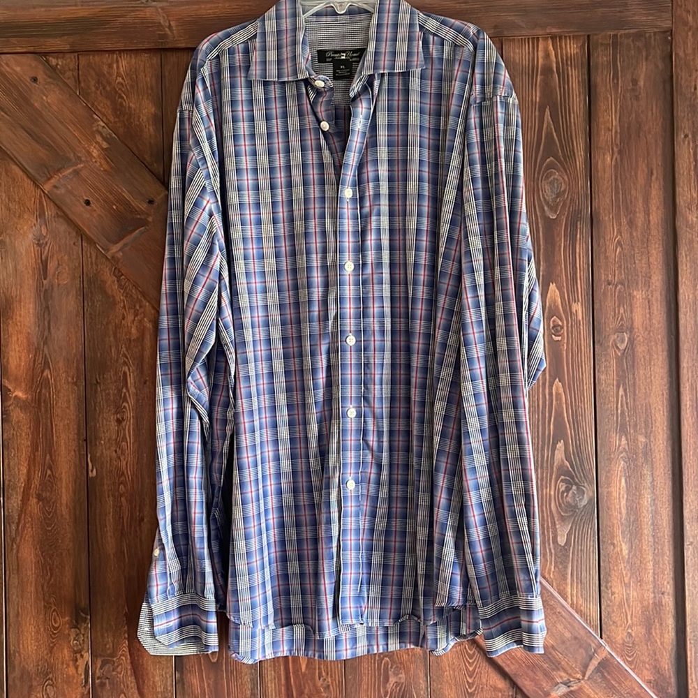 Casual dress shirt by pronto uomo size extra large red white and blue plaid